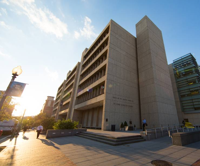 The GWU School of Business has two main buildings, which are connected: Funger Hall, shown here, and a newer Building, which is the glass part to the right.